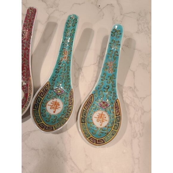 Mun Shou Multi Color Longevity Porcelain Asian Chinese Soup Rice Spoons Set of 6 - Picture 3 of 10